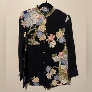 Citron Santa Monica 100% Silk Kimono Blouse Asian Floral Landscape Art to Wear S